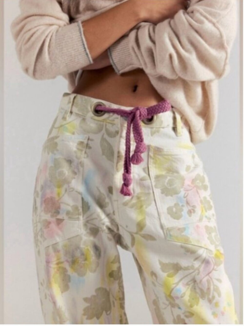 Free People Moxie Printed Flocked Barrel Jeans; Ivory Combo; Size 28